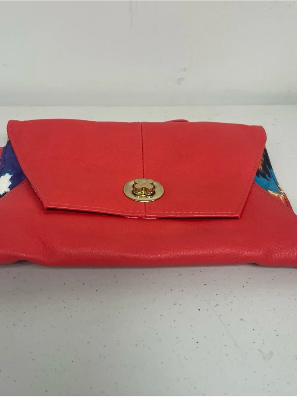 Red Leather Foldover Clutch with Gold Turn-Lock